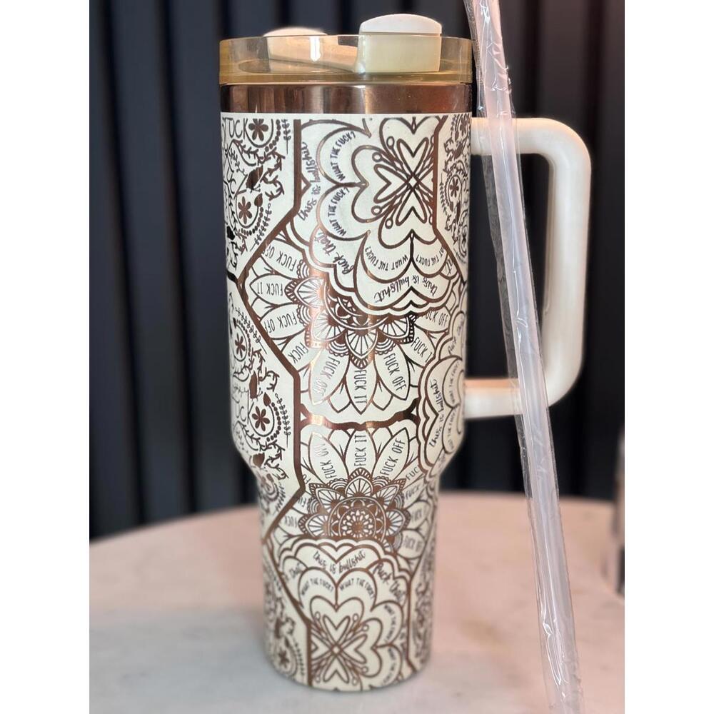 Naughty Words Insulated Travel Mug with Handle and Straw - White and Brown
